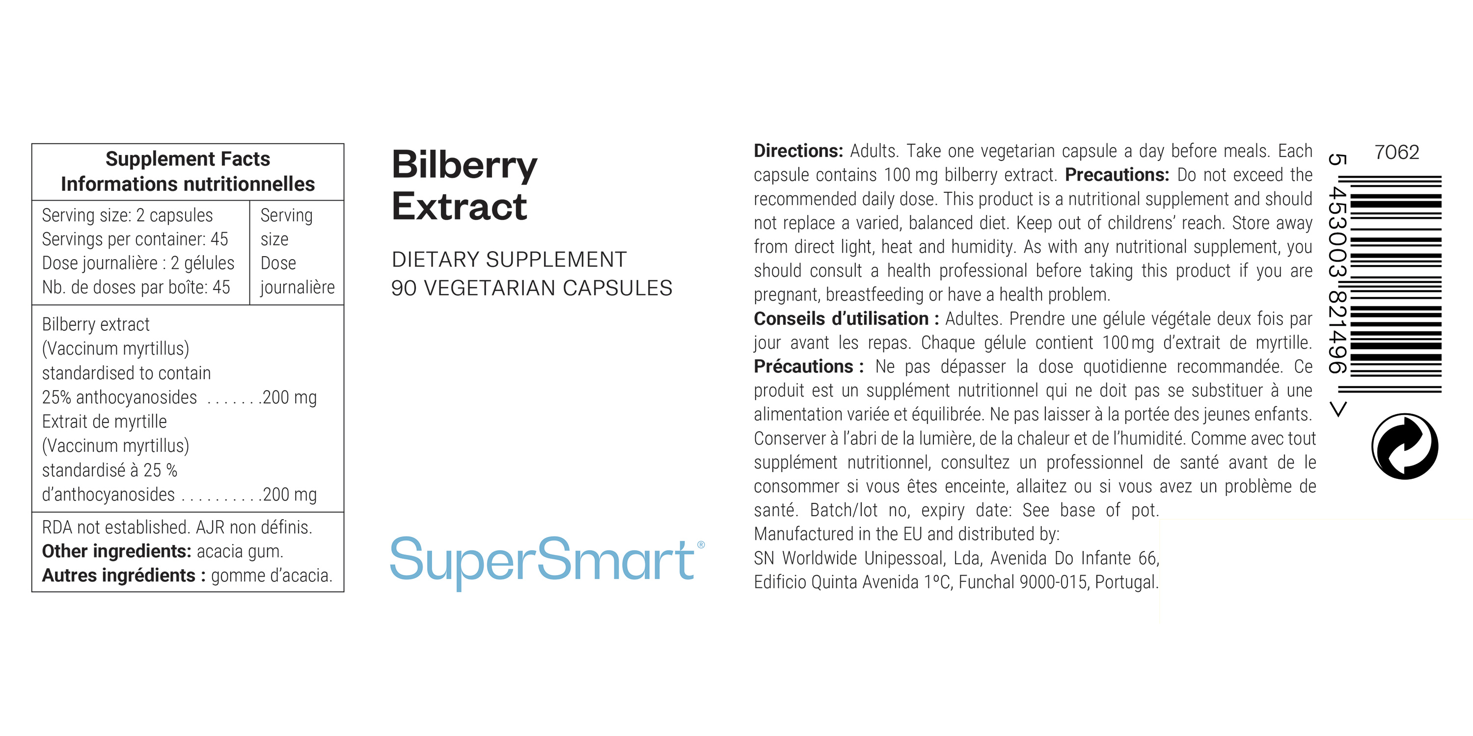 Bilberry Extract dietary supplement, contributes for eye health