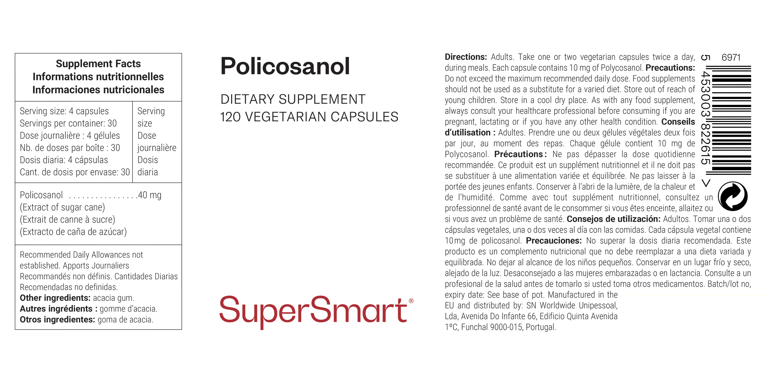 Policosanol dietary supplement, specific extract of sugar cane