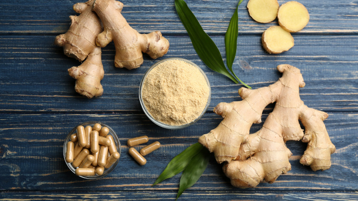 Ginger root, powder and capsules