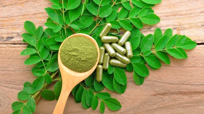 Cápsulas, pó e folhas de moringa