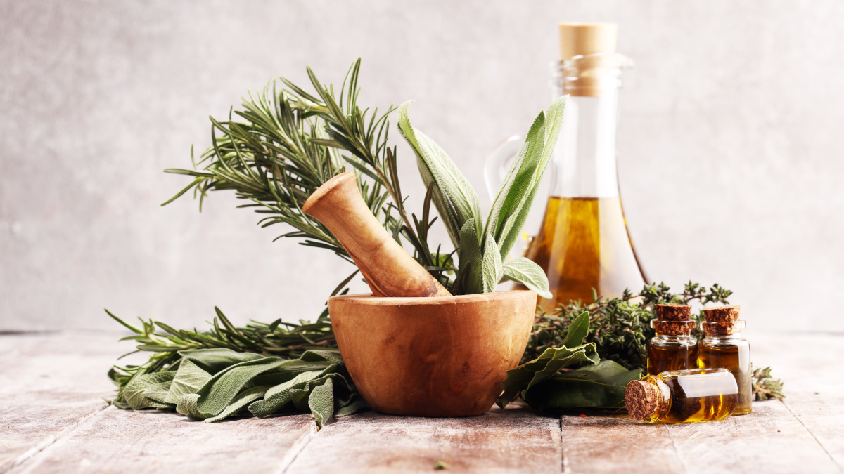 Ayurvedic plants, pestle and vial